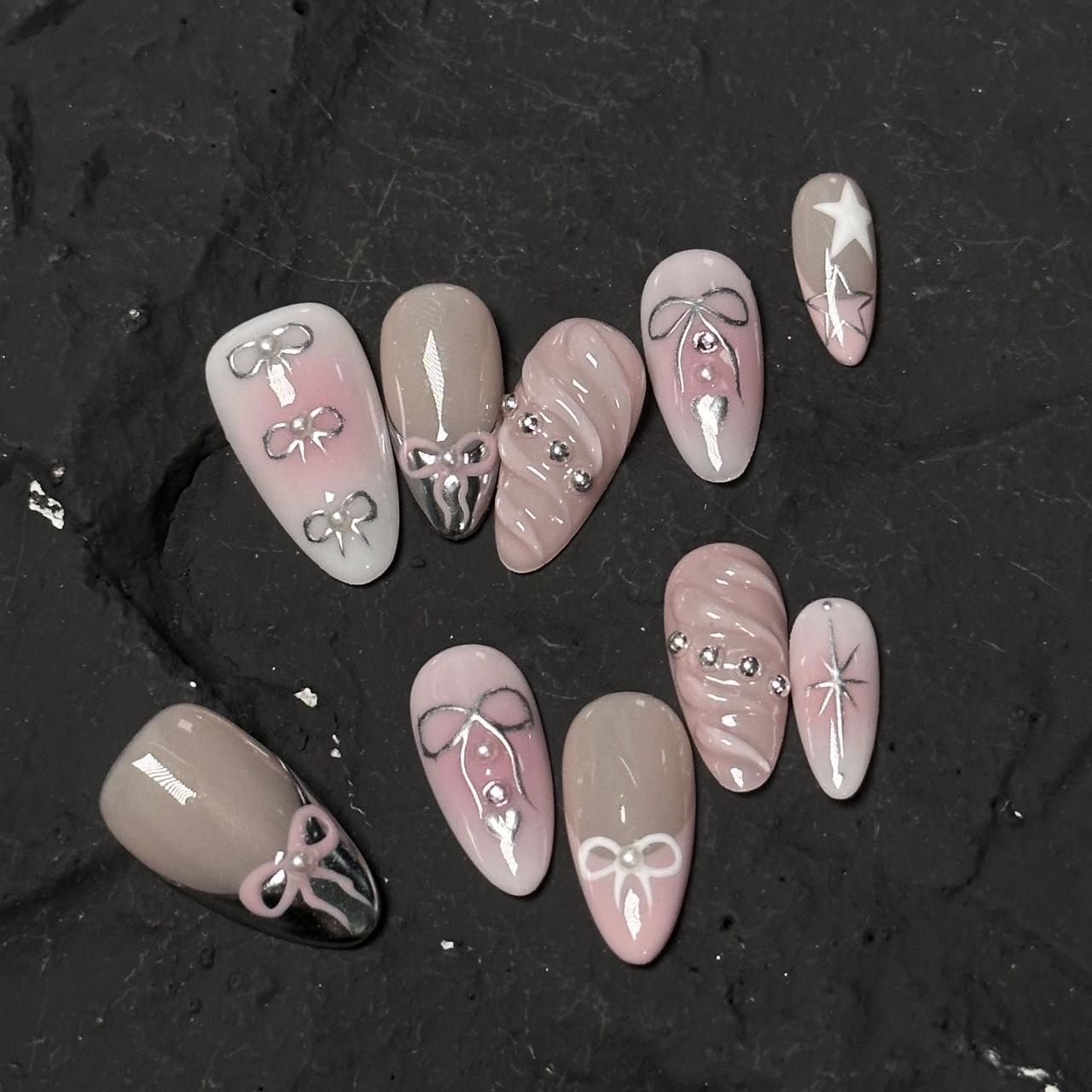 Handmade Bowknot Metallic Press On Nails