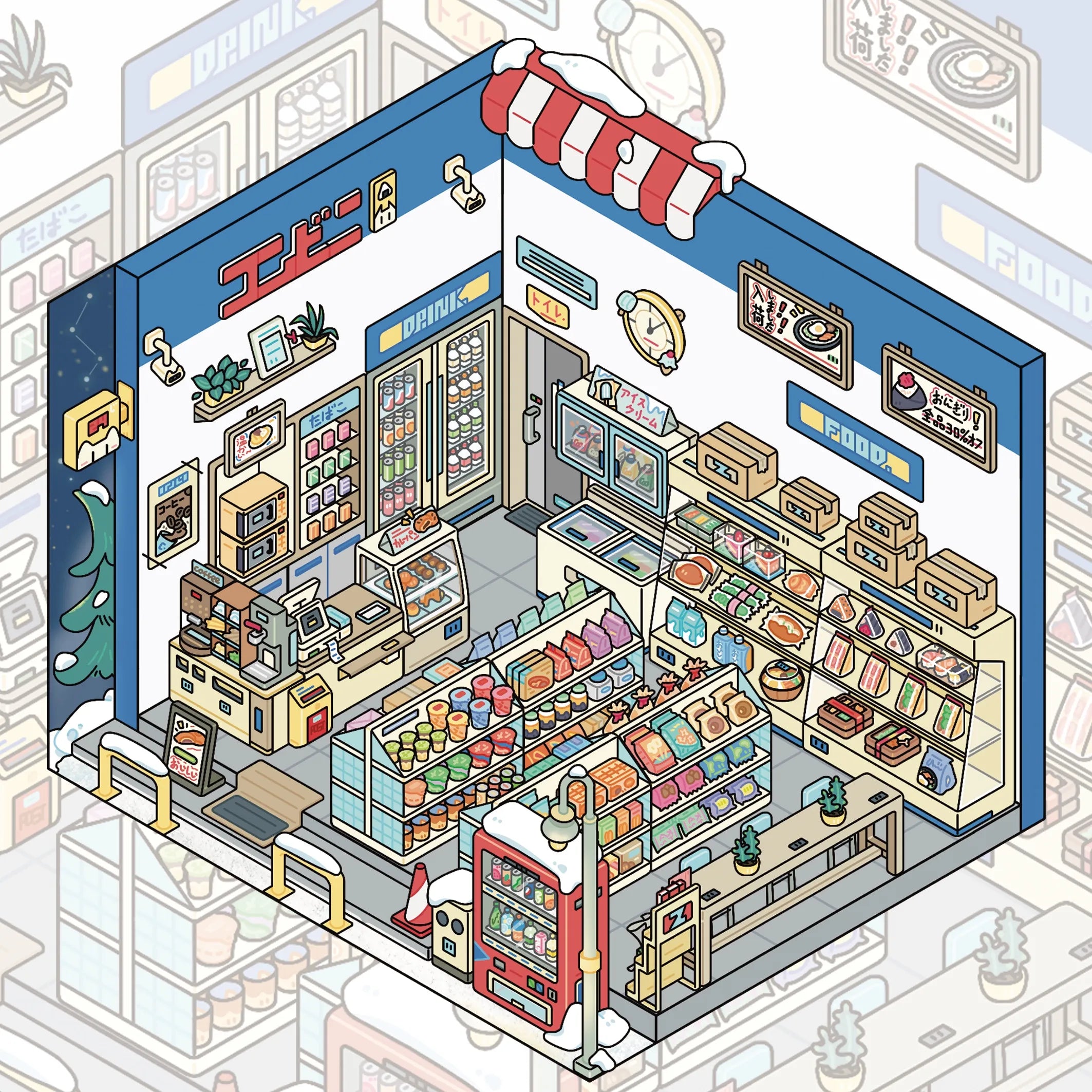 Japanese Street Shops 3D Scene Stickers Set