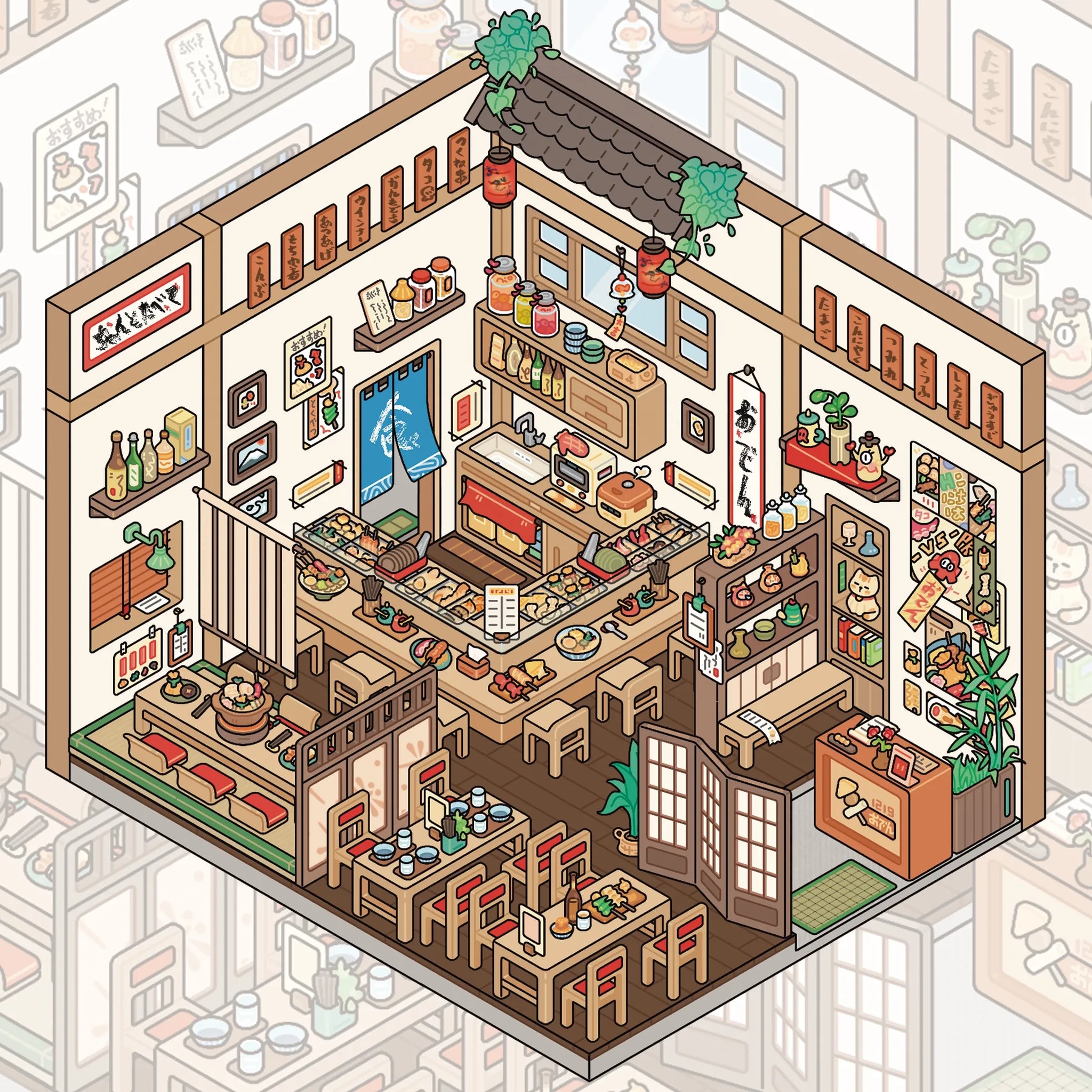 Japanese Street Shops 3D Scene Stickers Set