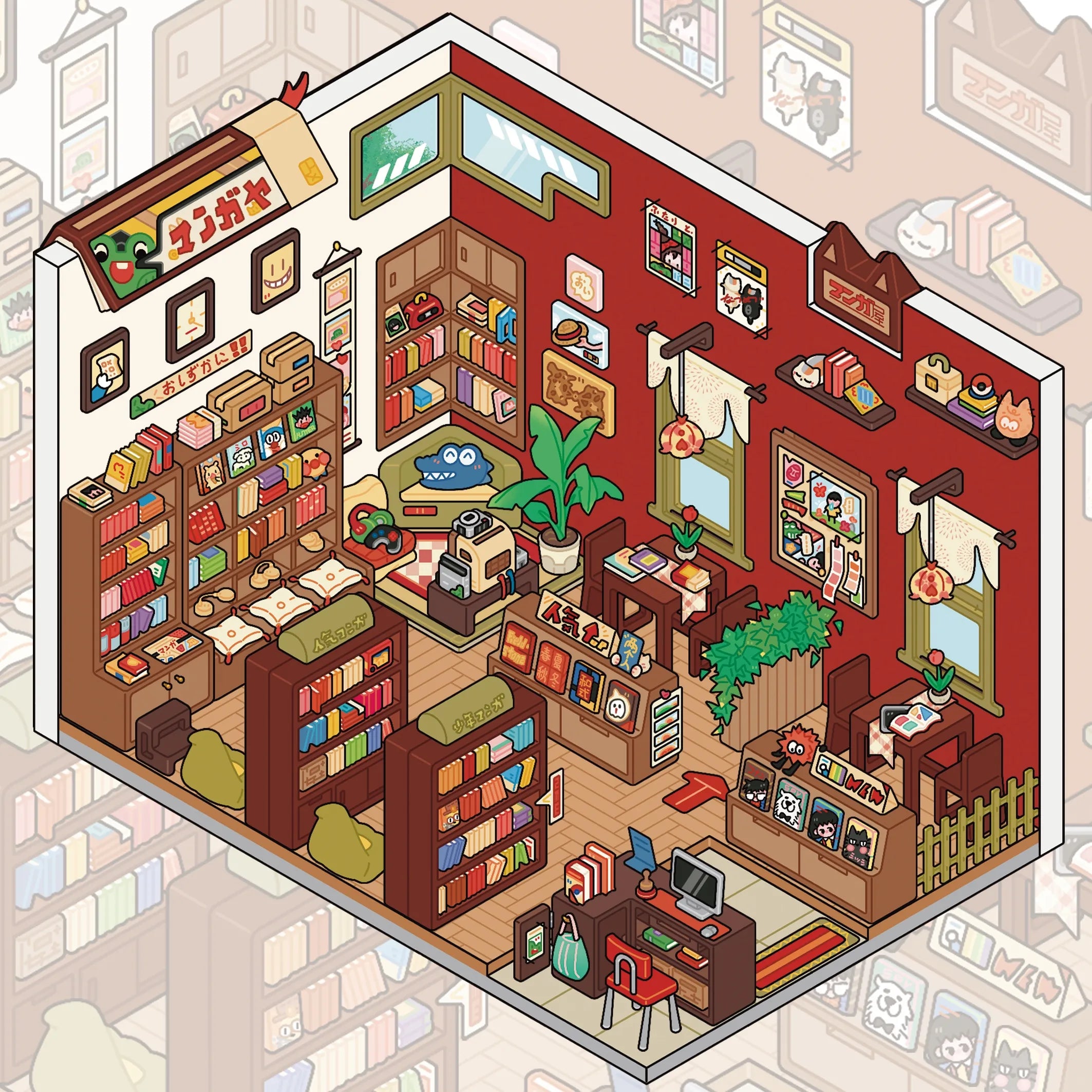 Japanese Street Shops 3D Scene Stickers Set